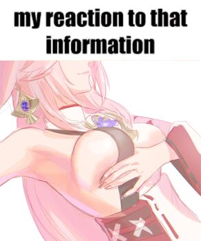 1girl animal_ears armpits breasts closed_mouth commentary detached_sleeves earrings eyes_out_of_frame fox_ears fox_girl genshin_impact gnarlypzofbread grabbing_own_breast head_out_of_frame highres japanese_clothes jewelry large_breasts long_hair meme my_reaction_to_that_information_(meme) nontraditional_miko parody photo-referenced pink_hair ribbon-trimmed_sleeves ribbon_trim sideboob simple_background solo upper_body very_long_hair white_background yae_miko