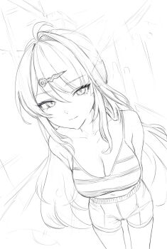 1girl alternate_costume arms_behind_back bare_shoulders breasts cleavage closed_mouth collarbone commentary crop_top ddcc0123 english_commentary greyscale hair_ornament highres large_breasts long_hair looking_at_viewer midriff monochrome navel solo yixuan_(zenless_zone_zero) zenless_zone_zero