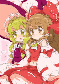 Rule 34 | 2girls, ascot, bow, brown eyes, brown hair, closed mouth, commentary request, detached sleeves, frilled bow, frilled hair tubes, frills, hair bow, hair tubes, hakurei reimu, hat, hat bow, kirisame marisa, long hair, midriff, multiple girls, navel, open mouth, purple hat, purple vest, randou, red bow, red skirt, ribbon-trimmed skirt, ribbon-trimmed sleeves, ribbon trim, skirt, skirt set, smile, touhou, vest, witch hat, yellow ascot