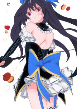 apple apples back_muscles bare_shoulders black_hair dress food fruit highres long_hair neptune_(series) noire_(neptunia) red_eyes ribbon shibuminigai skirt smile sword tsundere twintails weapon