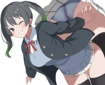 1girl ;d ass bent_over black_hair black_jacket black_thighhighs blush breasts collared_shirt commentary dress_shirt gradient_hair green_eyes green_hair grey_panties grey_sweater grin jacket long_sleeves looking_at_viewer love_live! love_live!_nijigasaki_high_school_idol_club medium_breasts microskirt multicolored_hair multiple_views neck_ribbon nijigasaki_school_uniform one_eye_closed open_clothes open_jacket open_mouth panties pantyshot pleated_skirt red_ribbon ribbon school_uniform shirt simple_background skirt smile soyo1558686 sweater takasaki_yu thighhighs twintails underwear upskirt white_background white_shirt white_skirt