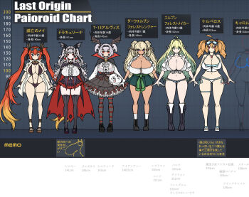 bat_wings breasts cerberus_(last_origin) chart comparison dark_elven_forest_ranger dark_skin draculina_(last_origin) elf elven_forest_maker height_chart height_difference highres huge_breasts lace last_origin may_of_doom mikasayaki pointy_ears slingshot_swimsuit swimsuit alvis_(last_origin) wings