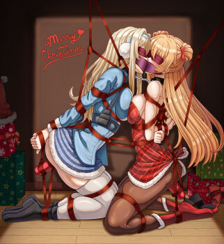 2girls absurdres anal anal_object_insertion arms_behind_back bdsm black_pantyhose blindfold_mask blonde_hair blue_hairband blue_jacket bondage bound bound_together bow box breast_bondage chinese_commentary cloth_gag commentary commentary_request drooling earmuffs english_commentary face-to-face fur-trimmed_skirt fur_trim gag gagged gift gift_box girls'_frontline girls'_frontline_2:_exilium hairband hat heart highres improvised_gag indoors jacket long_hair looking_at_viewer mask mixed-language_commentary multiple_girls object_insertion official_alternate_costume pantyhose red_bow restrained rfb_(girls'_frontline) rfb_(how_rfb_stole_xmas)_(girls'_frontline) rope saikunartworks santa_hat sex_toy shibari shibari_over_clothes skindentation skirt suomi_(girls'_frontline) suomi_(girls'_frontline_2) thighhighs vibrator vibrator_in_anus white_thighhighs