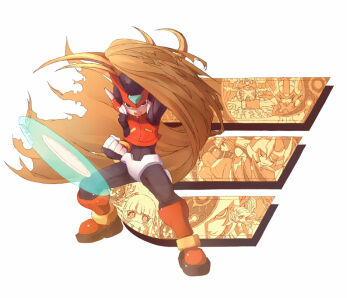 alouette_(mega_man) armor black_eyes blonde_hair breastplate brown_cape cape cat ciel_(mega_man) clenched_hand dark_elf_(mega_man) elpizo_(mega_man) energy_barrier energy_shield evil_smile fairy_leviathan_(mega_man) fighting_fefnir_(mega_man) forehead_jewel from_side full_body helmet high_ponytail hime_cut jewelry looking_at_viewer may_(nicoseiga_32709921) mega_man_(series) mega_man_zero_(series) mega_man_zero_2 official_style one_eye_covered open_mouth ponytail red_armor red_helmet sage_harpuia_(mega_man) shield simple_background single_letter smile stuffed_animal stuffed_toy white_background winged_helmet zero(z)_(mega_man) zero_(mega_man)