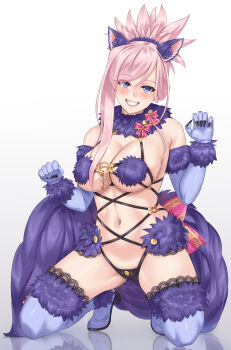 1girl animal_ears bare_shoulders black_panties blue_eyes blush bow breasts cleavage cosplay elbow_gloves fate/grand_order fate_(series) fur-trimmed_gloves fur-trimmed_thighhighs fur_collar fur_trim gloves grin highres kneeling lace lace-trimmed_thighhighs lace_trim large_breasts long_hair looking_at_viewer mash_kyrielight mash_kyrielight_(cosplay) mash_kyrielight_(dangerous_beast) mash_kyrielight_(dangerous_beast)_(cosplay) miyamoto_musashi_(fate) navel o-ring panties pink_hair ponytail purple_gloves purple_thighhighs revealing_clothes ryouya smile solo swept_bangs tail thighhighs underwear wolf_ears wolf_tail