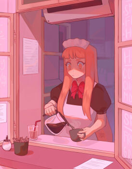 1girl :/ air_conditioner bow coffee_pot commentary cup drinking_straw english_commentary gluca highres holding holding_cup long_hair maid maid_headdress open_window orange_eyes orange_hair original paper pouring puffy_sleeves red_bow solo steam teacup upper_body very_long_hair window