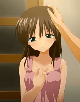 1girl a_pat_on_the_head absurdres anime_screenshot breasts brown_hair green_eyes hand_on_own_chest highres in_the_hallway_of_the_apartment loli oyasumi_sex short_hair sleeping_shirt small_breasts solo standing stitched third-party_edit tsukioka_yui