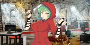 1girl :p blush bookshelf box breasts cabinet cardboard_box cave chair green_hair highres hikage_(senran_kagura) holding holding_knife holding_weapon hood hood_up jacket knife ladder large_breasts looking_at_viewer machete official_art red_jacket red_track_suit senran_kagura senran_kagura_new_link senran_kagura_shoujo-tachi_no_shin'ei short_hair slit_pupils solo table tongue tongue_out track_jacket track_suit weapon yellow_eyes