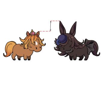 Rule 34 | animal ears, animal focus, arrow (symbol), blue flower, blue hat, blue rose, borrowed hairstyle, brown hair, crown, flipped hair, flower, hair between eyes, hat, hat flower, highres, horse, horse ears, horse girl, horse tail, lili (lilistration), mini crown, no humans, orange hair, pink crown, real life, rice shower (racehorse), rice shower (umamusume), rose, short hair, t.m. opera o (racehorse), t.m. opera o (umamusume), tail, tilted headwear, umamusume