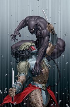 2boys alien armor black_background black_bodysuit black_panther_(marvel) black_panther_(series) blue_background bodystocking bodysuit bracer character_request claws comic_cover commentary crossover dreadlocks dual_wielding english_commentary fighting fishnet_bodystocking fishnets gradient_background grey_background highres holding holding_knife jewelry knife male_focus marvel mask multiple_boys muscular muscular_male necklace official_art pauldrons pelvic_curtain predator_(series) red_loincloth shoulder_armor superhero_costume textless_version western_comics_(style) yoon_junggeun