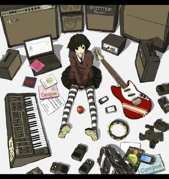 1girl amplifier apple arakawa_(aintnoroom) black_eyes black_hair computer effects_pedal electric_guitar fender_mustang flat_chest food fruit guitar handheld_game_console highres instrument keyboard_(instrument) laptop original pedal playstation_portable short_hair striped_clothes striped_thighhighs tambourine thighhighs