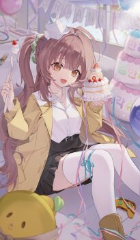 1girl absurdres balloon belt black_belt black_skirt brown_eyes brown_hair cardigan collared_shirt commentary_request controller food fork fruit game_controller game_halla heart heart_necklace highres holding holding_fork indie_virtual_youtuber jewelry korean_commentary kurimui2 milestone_celebration necklace open_cardigan open_clothes open_mouth shirt skirt strawberry thighhighs virtual_youtuber white_shirt white_thighhighs yellow_cardigan