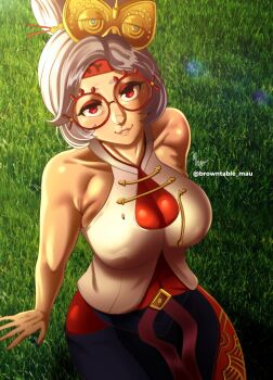 1girl breasts glasses large_breasts looking_at_viewer maudrawz muscular muscular_female purah red_eyes smile solo the_legend_of_zelda the_legend_of_zelda:_tears_of_the_kingdom