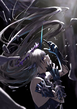 1girl absurdres bare_shoulders blue_horns commentary earrings fins from_side grey_hair hands_up head_fins highres horns jewelry leviathan_(wuthering_waves) long_hair multiple_earrings single_horn solo upper_body ushimo_(dztu8434) very_long_hair wuthering_waves