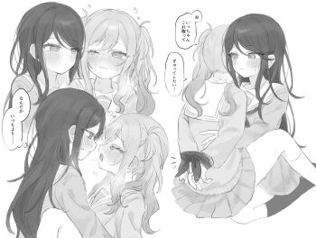 2girls after_kiss arms_behind_back blush bound bound_wrists commentary dot_nose face-to-face greyscale heart highres hoshino_ichika_(project_sekai) hug long_hair long_sleeves miyamasuzaka_girls&#039;_academy_school_uniform monochrome mu_ri003 multiple_girls neckerchief nose_blush one_eye_closed pleated_skirt project_sekai sailor_collar saliva saliva_trail school_uniform serafuku simple_background skirt speech_bubble sweat tenma_saki translated twintails white_background yuri