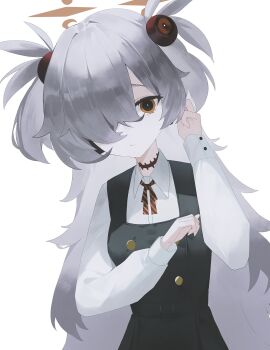 1girl blue_archive brown_eyes brown_ribbon collared_shirt commentary_request diagonal-striped_ribbon dress eyeball_hair_ornament grey_hair hair_over_one_eye halo hand_on_own_ear hands_up highres kanoe_(blue_archive) long_hair long_sleeves looking_at_viewer multicolored_eyes orange_halo pinafore_dress ribbon scar scar_on_neck shirt simple_background sla2h_help sleeveless sleeveless_dress solo two-tone_eyes two_side_up upper_body white_background white_shirt