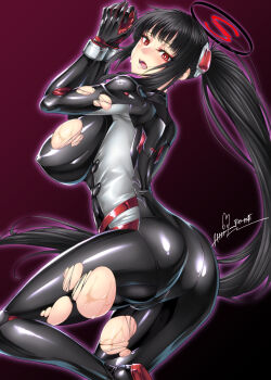 1girl arms_up ass black_bodysuit black_hair black_halo blue_archive blunt_bangs blush bodysuit breasts bright_pupils commentary_request covered_erect_nipples cuffed cuffs from_behind hair_ornament halo handcuffs highres impossible_bodysuit impossible_clothes jin_nai large_breasts latex latex_bodysuit long_hair looking_at_viewer lower_teeth_only multicolored_halo official_alternate_costume official_alternate_hairstyle open_mouth ponytail red_background red_eyes rio_(armed)_(blue_archive) rio_(blue_archive) sidelocks signature simple_background skin_tight solo standing standing_on_one_leg sweat teeth torn_bodysuit torn_clothes two-tone_halo very_long_hair white_pupils