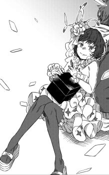 1boy 1girl back-to-back bare_shoulders bloomers blush box breasts cleavage closed_mouth commentary_request cropped detached_collar dion_fortune dress flower frilled_cuffs frilled_dress frills greyscale haimura_kiyotaka hair_flower hair_ornament halftone_dot_(medium) hamazura_shiage highres holding holding_box hood hood_down knee_up looking_at_viewer medium_breasts monochrome novel_illustration official_art pantyhose platform_sandals sandals shirt short_dress short_hair sitting sleeveless sleeveless_dress smile tiptoes toaru_majutsu_no_index toaru_majutsu_no_index:_new_testament underwear veil white_background white_dress