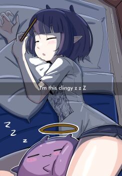 1girl absurdres bed_sheet blunt_bangs gradient_hair halo highres hololive hololive_english i&#039;m_this_clingy_(meme) long_hair meme multicolored_hair ninomae_ina&#039;nis orange_hair pillow pointy_ears purple_hair shadowsky_exe shirt shorts sidelocks sleeping t-shirt takodachi_(ninomae_ina&#039;nis) tentacle_hair virtual_youtuber