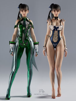 1girl 3d bare_shoulders barefoot billyhhyb black_hair bodysuit breasts brown_eyes cleavage clothing_cutout commentary english_commentary eve_(stellar_blade) highres impossible_clothes large_breasts leotard long_hair looking_at_viewer maid maid_leotard multicolored_bodysuit navel_cutout ocean_maid_(stellar_blade) patreon_username ponytail simple_background smile solo stellar_blade thighs two-tone_bodysuit unconventional_maid very_long_hair