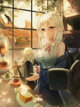 Rule 34 | 1girl, absurdres, ahoge, armpit crease, bare shoulders, blush, book, bow, bowtie, breasts, collared shirt, dragon, floating, floating book, floating object, hair between eyes, highres, holding, holding teapot, leehong studio, long hair, medium breasts, original, plate, red bow, red bowtie, shirt, sleeveless, sleeveless shirt, smile, sparkle, teapot, white hair, white shirt, window