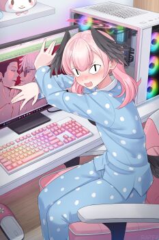 <|>_<|> 1girl absurdres black_wings blue_archive blue_pajamas blush caught chair computer computer_keyboard crossover discord embarrassed feathered_wings fujoshi getou_suguru gojou_satoru halo head_wings highres jujutsu_kaisen koharu_(blue_archive) long_hair looking_at_viewer low_wings microsoft_windows monitor multiple_crossover nose_blush open_mouth opera_(web_browser) pajamas pink_hair pink_halo polka_dot polka_dot_pajamas rappa_(sirrappa) rule34.xxx slippers steam_(platform) windows_11 wings yaoi