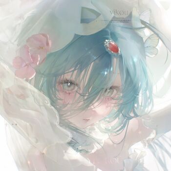 1girl blue_eyes blue_hair bug butterfly butterfly_hair_ornament choker detached_sleeves eyelashes flower gem hair_ornament highres insect lips long_hair looking_at_viewer original parted_lips pink_flower portrait red_gemstone solo square veil watermark white_butterfly white_choker white_veil yikou_yizhi