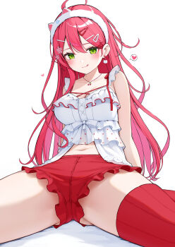 1girl :q ahoge animal_ear_hairband animal_ears babydoll breasts cat_ear_hairband cat_earrings cat_ears cleavage commentary_request double-parted_bangs earrings fake_animal_ears frilled_babydoll frilled_shorts frills front_slit green_eyes hair_between_eyes hair_ornament hairband hairclip highres hololive jewelry long_hair looking_at_viewer necklace nyan_(reinyan_007) pink_hair red_shorts red_thighhighs ribbed_thighhighs sakura_miko sakura_miko_(loungewear) short_shorts shorts simple_background single_sidelock single_thighhigh sitting solo thighhighs tongue tongue_out virtual_youtuber white_babydoll white_background