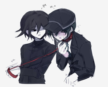 2boys black_eyes black_hair black_hat black_jacket blush brown_eyes buttons cheong_(nept1211) collar commentary_request cropped_torso danganronpa_(series) danganronpa_v3:_killing_harmony flipped_hair hair_between_eyes hat height_difference holding holding_leash jacket leash long_sleeves male_focus multiple_boys necktie oma_kokichi open_mouth pulling red_collar red_leash saihara_shuichi saliva school_uniform shirt short_hair simple_background sweat white_background yaoi
