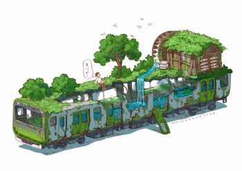 1boy 2026 abandoned animal bird brown_hat brown_pants building commentary_request dilapidated door hat highres holding male_focus on_grass original overgrown pants post-apocalypse shadow shirt signature sitting solo tokyogenso train translation_request tree water water_wheel waterfall white_background white_shirt window wreckage