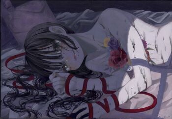 1girl black_hair collarbone commentary_request dark flower growing_out_of_body highres long_hair looking_at_viewer lying monou_pico nude on_bed on_side original parted_lips pillow red_ribbon ribbon solo upper_body window_light