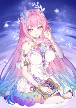 1girl armlet as_i&#039;ve_written_(honkai:_star_rail) bare_shoulders blue_hair book breasts commentary_request cyrene_(honkai:_star_rail) cyrene_(ripples_of_past_reverie)_(honkai:_star_rail) diamond-shaped_pupils diamond_(shape) dress flower gradient_hair hair_flower hair_intakes hair_ornament hand_up highres holding holding_book honkai:_star_rail honkai_(series) jewelry kobato_(youyoshi0422) large_breasts long_hair looking_at_viewer multicolored_hair open_mouth pink_hair pointy_ears purple_eyes purple_flower purple_rose rose sidelocks sitting smile solo symbol-shaped_pupils very_long_hair white_dress yokozuwari