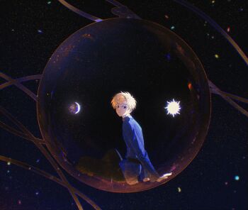 Rule 34 | 1boy, absurdres, belt, black belt, black pants, blonde hair, blue eyes, blue jacket, chi.: chikyuu no undou ni tsuite, closed mouth, commentary, earth (planet), full body, highres, in bubble, jacket, male focus, melting maria, pants, planet, rafal (chi.), short hair, sitting, solo, untranslatable commentary