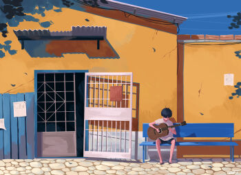 1boy black_hair black_shorts building day guitar hair_over_eyes highres holding holding_guitar holding_instrument instrument on_bench original outdoors sandals scenery shirt short_hair shorts sitting solo taizo_(taizo_03) white_shirt wide_shot