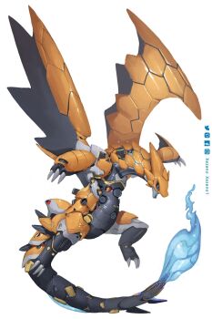 artist_name blue_eyes charizard claws fiery_tail fire from_side full_body gen_1_pokemon highres joints mecha mecha_focus mechanical_wings mechanization monster nintendo no_humans non-humanoid_robot open_mouth pokemon robot robot_joints simple_background solo tail white_background wings xezeno