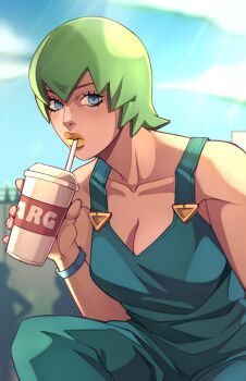 1girl absurdres blue_eyes blue_overalls breasts cleavage collarbone commentary cup disposable_cup drink drinking drinking_straw drinking_straw_in_mouth english_commentary foo_fighters_(jojo) green_hair highres holding holding_cup idinahui_pls jojo_no_kimyou_na_bouken looking_at_viewer medium_breasts overalls short_hair sky solo stone_ocean