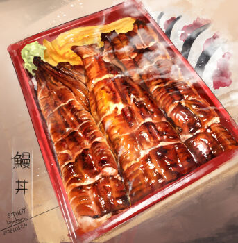 absurdres fish_(food) food food_focus grilled_eel highres no_humans original steaming_food tom23579 unajuu_(food) wasabi