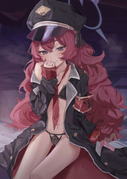 1girl absurdres armband black_bra black_coat black_hat black_panties black_ribbon blue_archive blue_halo blush bra buttons closed_mouth coa_(35_seno) coat condom condom_packet_strip condom_wrapper cowboy_shot crossed_bangs dot_nose fluffy_hair frilled_bra frills gehenna_academy_logo grey_eyes hair_between_eyes hair_ribbon halo hand_up hat highres iroha_(blue_archive) lace lace_panties loli long_coat long_hair long_sleeves looking_at_viewer loose_necktie necktie off_shoulder open_clothes open_coat panties peaked_cap red_armband red_hair red_necktie ribbon single_bare_shoulder sleeves_past_wrists smile solo thick_eyebrows thighs underwear very_long_hair wavy_hair