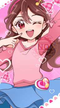 Rule 34 | 1girl, blue skirt, commentary request, diamond-shaped pupils, diamond (shape), fingernails, hair between eyes, hairband, heart, highres, hikota., kimi to idol precure, long hair, long sleeves, looking at viewer, miniskirt, musical note, one eye closed, pink hairband, pink nails, pink shirt, precure, sakura uta (precure), shirt, shoes, short sleeves, skirt, smile, solo, symbol-shaped pupils, upper body, watermark