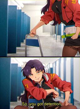 1girl absurdres black_bra black_panties black_shirt black_skirt black_thighhighs blurry blurry_background blush bra bra_peek breasts brown_eyes button_gap chair clipboard clothes_lift earrings english_text half-closed_eyes highres indoors jacket jewelry katsuragi_misato khyle. large_breasts lifting_own_clothes looking_at_viewer neon_genesis_evangelion on_chair open_clothes open_jacket open_mouth panties pencil_skirt purple_hair red_jacket ruler scene_reference shirt sitting sitting_backwards skirt skirt_lift sleeves_pushed_up spider-man:_homecoming spider-man_(series) subtitled thighhighs toilet_stall underwear unkempt