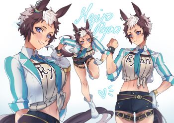 1girl :t animal_ears arm_behind_back belt black_shorts blush bracelet breasts brown_hair character_name clenched_hand closed_mouth collared_shirt commentary cowboy_shot ear_ornament earrings english_commentary english_text enosst flustered full_body gloves hand_on_own_hip hand_up heart highres horse_ears horse_girl horse_tail index_finger_raised jewelry legs_apart looking_ahead looking_at_viewer looking_to_the_side mejiro_ryan_(down_the_line)_(umamusume) mejiro_ryan_(umamusume) midriff multicolored_hair navel necktie open_clothes open_shirt parted_lips purple_eyes running shirt shirt_under_shirt shoes short_hair short_shorts shorts single_glove smile stomach sweat tail taut_clothes taut_shirt thigh_belt thigh_strap tied_shirt toned toned_female two-tone_hair umamusume upper_body white_gloves white_hair wing_collar