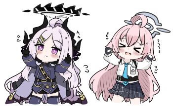 2girls ahoge black_coat black_gloves black_halo black_skirt black_thighhighs blue_archive blush chibi coat coat_on_shoulders commentary demon_girl demon_horns demon_wings e_v_e_neko fang gloves halo highres hina_(blue_archive) horns hoshino_(blue_archive) long_hair low_wings multiple_girls open_mouth pink_hair simple_background skirt sweat thighhighs very_long_hair white_background white_hair wings