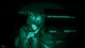 Rule 34 | 1boy, animal ear fluff, animal ears, bandage on cheek, bandage on face, bandage on neck, bandages, building, camera feed, cloak, crazy smile, dark, dark background, dialogue box, dialogue options, dirt road, fangs, fisheye, fox boy, fox ears, fox tail, green theme, highres, holding, holding knife, horror (theme), hunched over, indie virtual youtuber, knife, looking at viewer, monochrome, night, night sky, no i'm not a human, outdoors, porch, pov, road, sharp teeth, short hair, sky, sleepyxah (vtuber), smile, sweat, tail, teeth, watermark, zyli (zyli art)