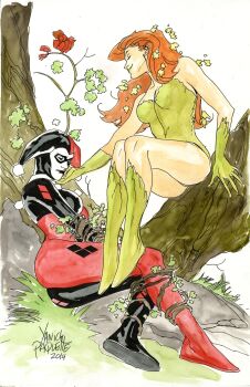 2girls absurdres batman_(series) black_bodysuit bodysuit bound bound_arms bound_legs bush dc_comics domino_mask eye_mask gloves grass green_gloves green_leotard hand_on_another's_chin harlequin harley_quinn harley_quinn_(classic) hat highres in_tree jester_cap leaf leotard long_hair mask multicolored_bodysuit multiple_girls orange_hair plant poison_ivy red_bodysuit restrained sitting sitting_in_tree smile tree two-tone_bodysuit vines white_facepaint yanick_paquette yuri