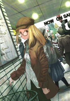 1girl black_pants blonde_hair blush breasts brown-framed_eyewear brown_coat brown_hat camisole closed_mouth coat colored_eyelashes commentary disguise feet_out_of_frame gakuen_idolmaster glasses grey_robe guitar hair_ornament hairclip hat highres holding holding_guitar holding_instrument idolmaster incognito instrument long_hair long_sleeves looking_at_viewer looking_to_the_side multiple_views newsboy_cap niwatoko_towani open_clothes open_coat open_robe orange_eyes pants parallel_hairclips people robe shinosawa_hiro shirt small_breasts smile standing sunfaded_(idolmaster) symbol-only_commentary unbuttoned untucked_shirt white_camisole white_shirt