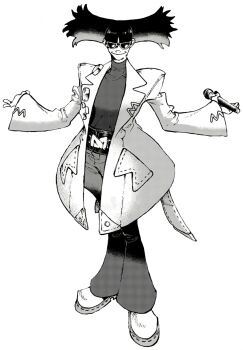 1girl belt blunt_bangs coat full_body gachiakuta high_contrast holding lab_coat monochrome mymo_(gachiakuta) open_clothes open_coat short_hair smug sunglasses turtleneck wide_sleeves