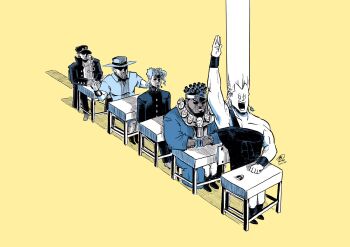 desk earrings hat highres jean_pierre_polnareff jewelry jojo_no_kimyou_na_bouken joseph_joestar joseph_joestar_(old) kakyoin_noriaki kuujou_joutarou long_hair mayimster mohammed_avdol raised_hand school_desk school_uniform serious simple_background stardust_crusaders