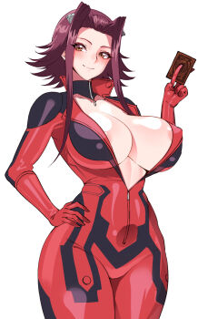 Rule 34 | 1girl, areola slip, biker clothes, bikesuit, bodysuit, breasts, brown eyes, card, commentary request, covered erect nipples, hair ornament, highres, holding, holding card, izayoi aki, large breasts, partially unzipped, purple hair, red bodysuit, short hair with long locks, simple background, skin tight, smile, volyz, white background, yu-gi-oh!, yu-gi-oh! 5d's