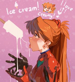 1girl aseiusx blue_eyes blush bodysuit breasts censored chibi fellatio food ice_cream long_hair mecha_pilot_suit neon_genesis_evangelion open_mouth oral orange_hair phallic_symbol plugsuit_(evangelion) pun red_bodysuit saliva sexually_suggestive simulated_fellatio small_breasts solo souryuu_asuka_langley tongue tongue_out twintails very_long_hair