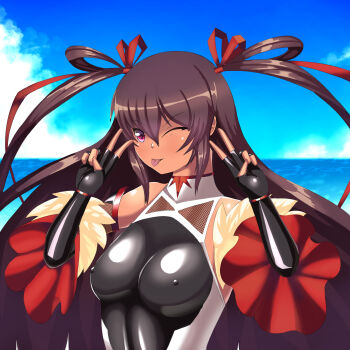 1girl dark-skinned_female dark_skin long_hair mizuki_yukikaze smile taimanin_(series) taimanin_yukikaze
